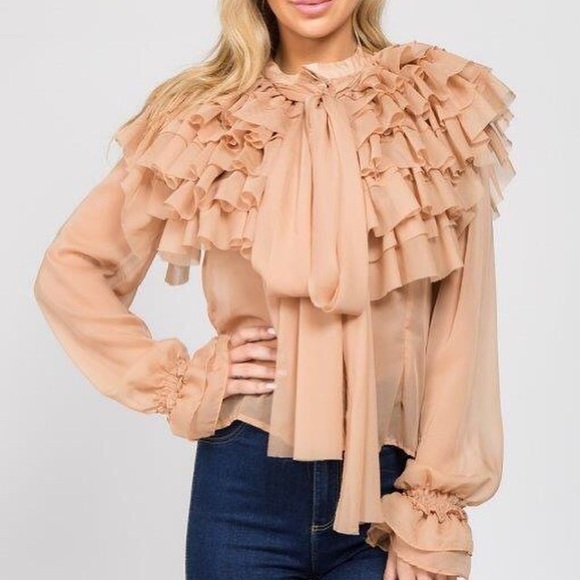 Taupe Sheer Ruffle Top - Picture 2 of 3